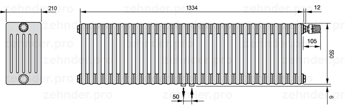Схема (чертеж) Радиатор Zehnder Charleston 6055/29 №V008 Белый глянцевый RAL 9016